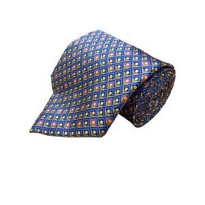 Fabergé Mens Blue All Silk Geometric Patterned Handmade Tie Made In USA